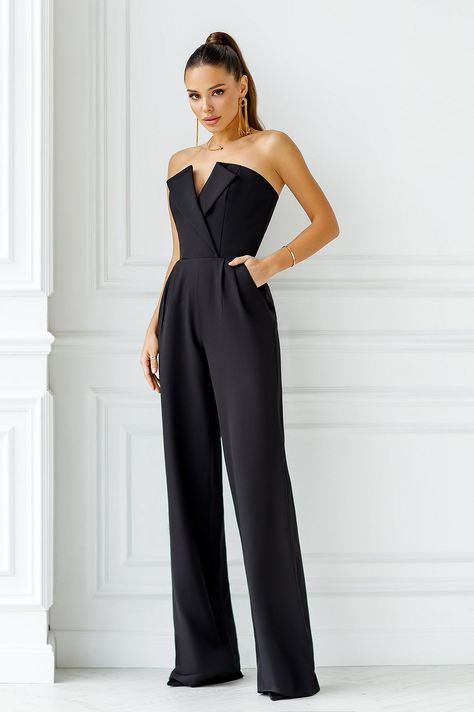 Fabric: Suit crepe diagonal Cotton 65%, Polyester 35%  Pants length (inseam): 95cm/ 37.5in V-neck Wide-legs Concealed zip fastening at back Overalls For Party, Black Wedding Jumpsuit The Bride, Black Wedding Pantsuit, Formal Event Outfits For Women, Black Tie Party Outfit Women, Black Formal Jumpsuit, Jumpsuit For Prom, Modern Elegant Fashion, Dressy Jumpsuits