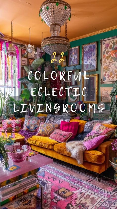 Living Room Boho Maximalist, Colourful Home Interior Design, Dark Colorful Living Room, Maximalist Interior Design Living Room, Bold Color Living Room, Bold Decor Interior Design, Colorful Basement Ideas, Boho Eclectic Living Room Ideas, Bohemian Interior Design Living Rooms