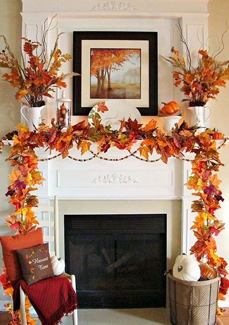 Thanksgiving Dinner Party Decor, Foliage Garland, Wedding Fireplace, Vine Garland, Fall Leaf Garland, Diy Leaves, Orange Christmas, Christmas Fireplace Decor, Hanging Vines