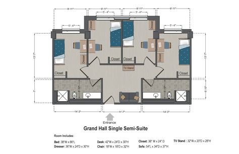 Grand Hall Single Semi-Suite, 4 person 4 Person Dorm Room Layout, 4 Person Bedroom, 4 Person Dorm, Hostel Design, Dorm Layout, Dorm Room Layouts, Hostels Design, Apartment Floor, College Bedroom