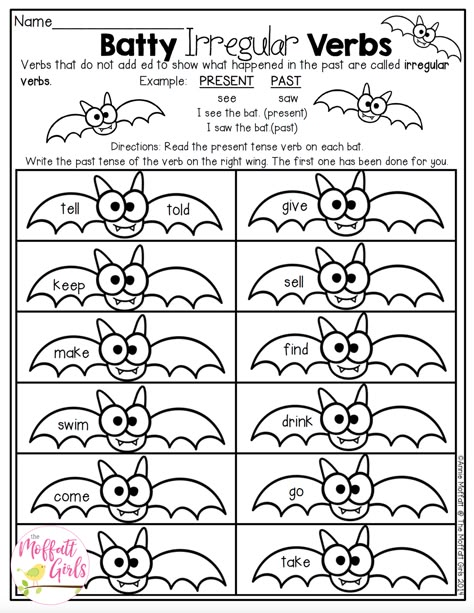 A page out of our October Second Grade NO PREP Packet! Irregular Verbs Worksheet, Verbs For Kids, Verb Chart, Verbs Worksheet, Verbs Activities, Irregular Past Tense Verbs, Irregular Past Tense, Present Tense Verbs, Verb Worksheets