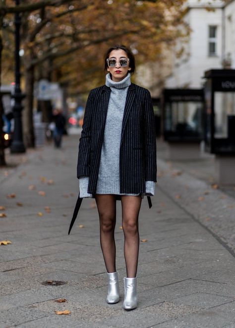 Stylish Ways to Wear Black Tights | POPSUGAR Fashion Silver Mules, Clothes For Women In 30's, Edgy Fall Outfits, Fall Outfits Women 20s, Silver Ankle Boots, Tokyo Street Fashion, Metallic Boots, Silver Boots, Pinstripe Blazer