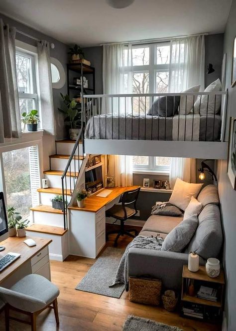 A Loft Bed, Loft House Design, Tiny House Loft, Tiny House Inspiration, Loft Room, Modern Tiny House, Loft House, Loft Living, Beautiful Houses