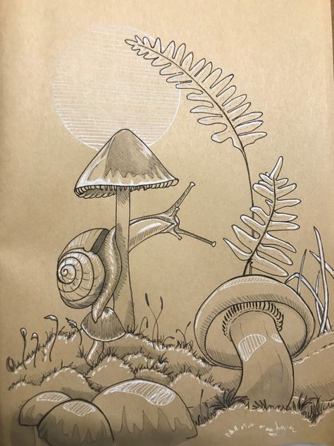 Ink drawing in black, gray and white on kraft paper #inktober #inktober2020 #inkdrawing #inkart #snail #mushrooms Expedition Drawing, Expedition Inktober, Snail Sketch, Snail On A Mushroom, Mushroom Sketch, Inktober Sketches, Rabbit Book, Inktober 2024, Mushroom Drawing