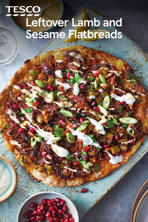 Turn leftover lamb into flavourful flatbreads. Gently spiced shredded lamb is loaded onto crispy homemade flatbreads with veggies and tahini. This one’s an absolute winner. | Tesco Shredded Lamb Recipes, Lamb Flatbread Recipes, Easter Leftover Recipes, Lamb Flatbread, Leftover Lamb Recipes, Shredded Lamb, Smoked Lamb, Easy Suppers, Leftover Lamb