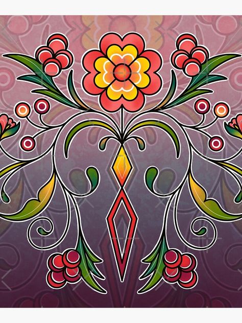 "Pink Floral" Mounted Print by jdesmoulin | Redbubble Indigenous Flowers Art, Native American Floral Design, Native Floral Designs, Ojibwe Floral Design, Indigenous Tattoos, Ojibwe Floral, Metis Beadwork, Powwow Beadwork, Native Patterns