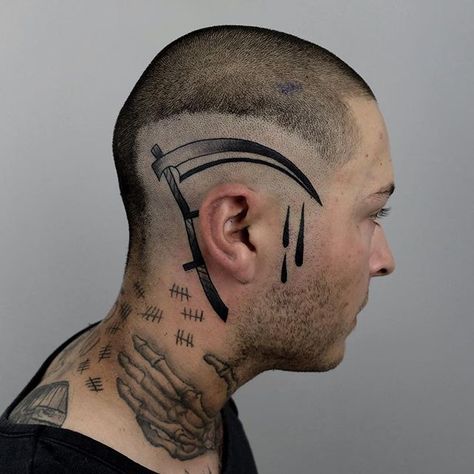 Sometimes only a scythe will do #blackworkerssubmission Mens Haircut Shaved Sides, Bald Head Tattoo, Stay Cold Apparel, Traditional Black Tattoo, Tattoo Skin, Side Tattoos, Face Tattoo, Head Tattoos, Dark Tattoo