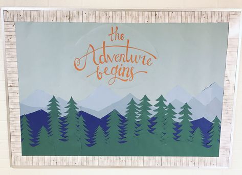 Welcome Campers Bulletin Board, Mountain Theme Bulletin Board Ideas, Adventure Awaits Bulletin Board Ideas, Welcome To Our Neck Of The Woods Bulletin Board, Mountain Theme Bulletin Board, Adventure Themed Bulletin Boards, Hiking Bulletin Board, Let The Adventure Begin Bulletin Board, Mountain Bulletin Board Ideas