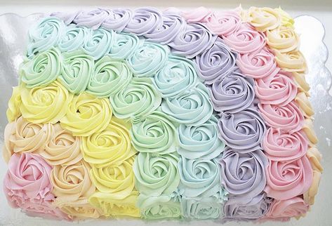 Rosette Sheet Cake, Baby Shower Sheet Cakes, Barney Birthday, Cake Designs For Girl, Sheet Cake Designs, Rainbow First Birthday, 1st Birthday Girl Decorations, Birthday Sheet Cakes, Little Pony Cake