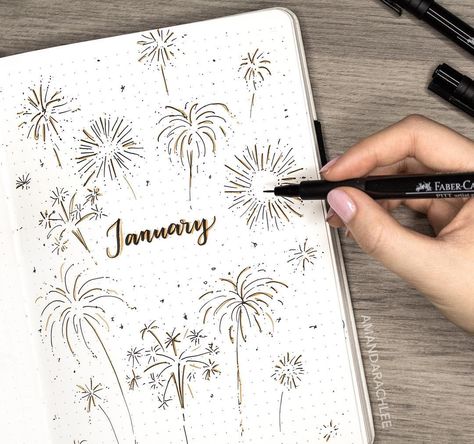 Bullet journal monthly cover page, January cover page, fireworks drawing. | @amandarachdoodles How To Draw Fireworks, Bullet Journal Month, Bullet Journal Page, January Bullet Journal, Bullet Journal 2020, Bullet Journal 2019, Bullet Journal Cover Page, Bujo Ideas, Bullet Journal Ideas