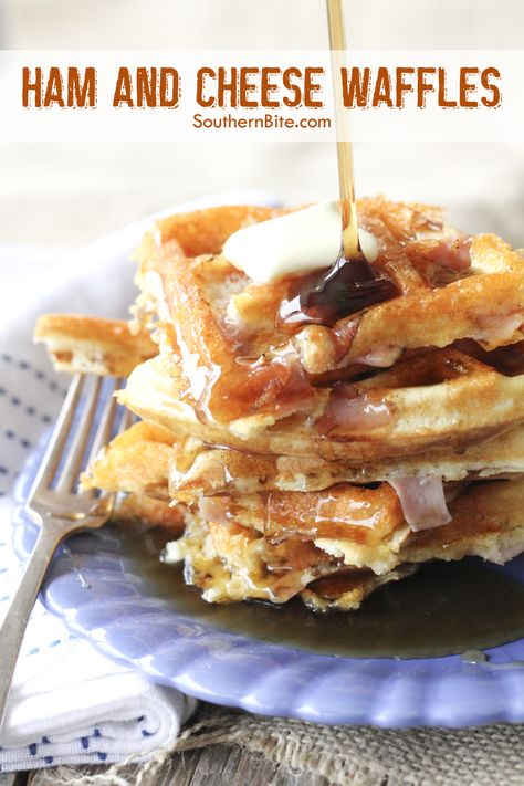 These Ham and Cheese Waffles from @southernbite  will be perfect for your next "brinner" (breakfast for dinner)! Hot Chicken And Waffles, Diy Waffles, National Waffle Day, Iron Ideas, Waffle Day, Waffle Iron Recipes, Cheese Waffles, Waffle Maker Recipes, Savory Waffles