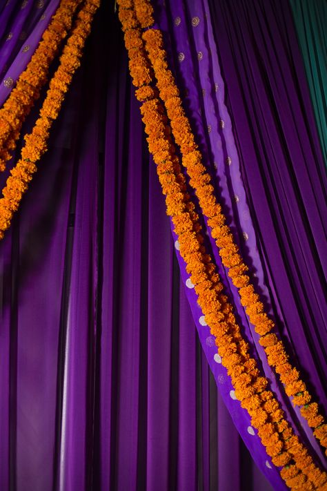 Purple Indian Wedding Decor, Purple Indian Wedding, Indian Wedding Aesthetic, Tangled Aesthetic, Marigold Wedding, Ganpati Decor, Small Wedding Decor, Sangeet Decor, Mehendi Decor Ideas