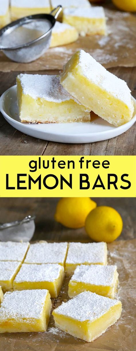 A simple lemony shortbread crust with a tart, refreshing lemon custard, these gluten free lemon bars are so easy to make. Perfect for any potluck! https://glutenfreeonashoestring.com/gf-lemon-bars-for-dad-plain-lemons-for-me/ Gluten Free Lemon Bars Recipe, June Desserts, Simple Gluten Free Meals, Glutenfri Baking, Gluten Free Lemon Bars, Gluten Free Bars, Dessert Oreo, Lemon Bar, Desserts Keto