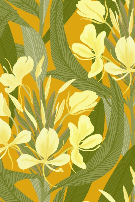 Yellow Ginger flowers in various colorways in fabric, wallpaper and home goods. Lei Wallpaper, Jungle Boogie, Ginger Flower, Vintage Aloha, Sketchbook Inspiration, Pictures To Paint, Printed Bags, Surface Pattern, Fabric Wallpaper