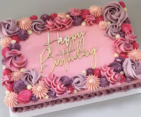 Square Cookie Cake Decorating Ideas, Sheet Cake Designs Birthday, 40th Birthday Cake For Women, Birthday Cake For Women Elegant, Square Birthday Cake, Square Cake Design, Pastel Rectangular, Birthday Cake Roses, Cake Designs For Girl