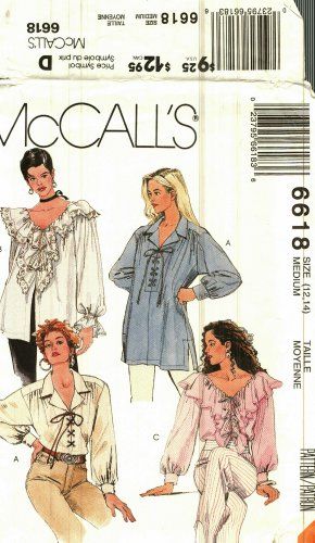 McCall's 6618 Pattern Uncut 12 14 Boho Peasant Lace Up Ruffle Blouses Tops(This pattern has been sold. Click through to see if I have something else you would like. Or follow this board because if I find another one of these patterns, I'll post it on Pinterest.) Boho Blouse Sewing Pattern, Mc Calls Patterns, 90s Sewing Patterns, Ruffle Blouse Pattern, Vintage Lace Blouses, Ruffle Pattern, Patron Vintage, Look Retro, Vintage Dress Patterns