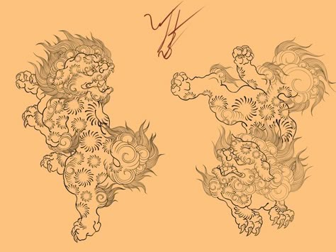 Small Foo Dog Tattoo, Foodog Tattoo Japanese, Japanese Foo Dog Tattoo, Fudog Tattoo, Chest Tattoo Japanese, Japanese Foo Dog, Foo Dog Tattoo Design, Japanese Leg Tattoo, Foo Dog Tattoo