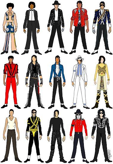 In honor of  MJ who is one of my favorite icons of pop music I have spend a month working on my favorite iconic wardrobe. If you recognize any do comment! :) Custom Background colors and inquires are available upon request. / This is the Version of the outfits in chronological order. / Version of o… • Millions of unique designs by independent artists. Find your thing. Fashion Outfits Drawing, Michael Jackson Thriller Costume, Michael Jackson Party, Thriller Michael Jackson, Michael Jackson Costume, Pop Art Costume, Michael Jackson Outfits, Monster Manga, Buy Outfits