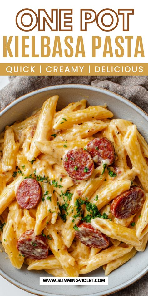 Searching for a hearty dinner that’s family-friendly? This one pot kielbasa pasta combines smoky sausage, pasta, and rich sauce in just one pan. Pin this for your next easy kielbasa pasta recipe that’s perfect for busy weeknights! One Pot Kielbasa, Creamy Kielbasa, Kielbasa Pasta Recipes, Kielbasa Sausage Recipes, Kielbasa Pasta, Cheap Healthy Dinners, Cheap Family Dinners, Pot Pasta Recipes, Sausage Recipes For Dinner