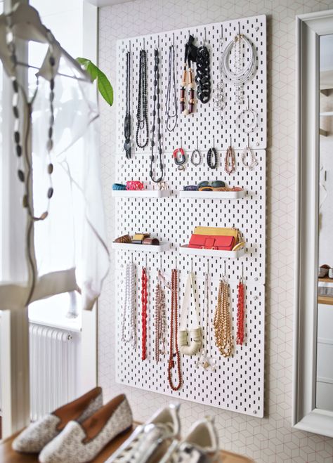 19 dressing room ideas – to create your dream dressing room design | Real Homes Ikea Jewelry Storage, Skådis Ikea, White Pegboard, Ikea Pegboard, Dream Dressing Room, Ikea Skadis, Dressing Design, Jewelry Storage Diy, Pegboard Accessories