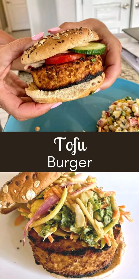 Tofu Burger Recipe Simple, Tofu Burgers Recipe, Vegan Tofu Burger, Tofu Burgers Patties, Burger Marinade, Kiki Nelson, Tofu Dinners, Dairy Replacements, Tofu Burger Recipe