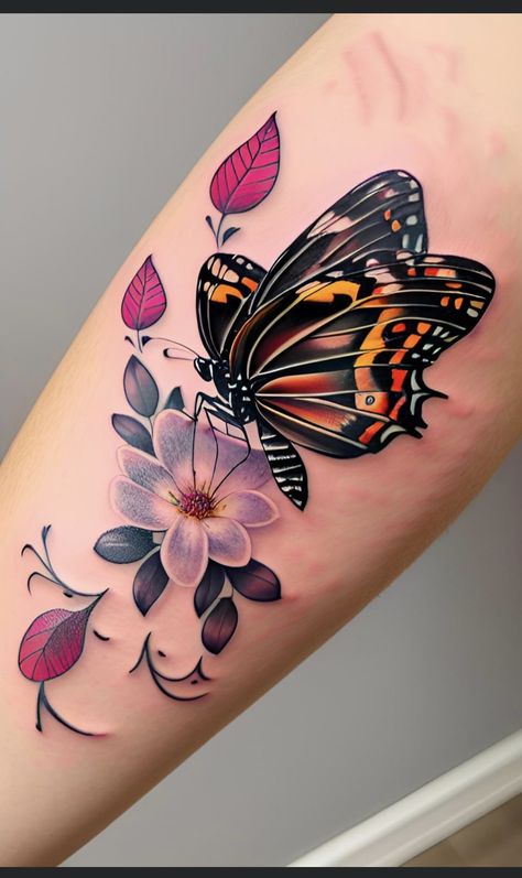 Butterfly Tattoo Designs For Women Arm, Butterfly With Flowers Tattoo For Women, Creative Butterfly Tattoo, Butterfly Tattoo With Flowers, Butterfly Tattoo Ideas For Women, Borboleta Tattoo, Colorful Butterfly Tattoo, Around Arm Tattoo, Unique Butterfly Tattoos