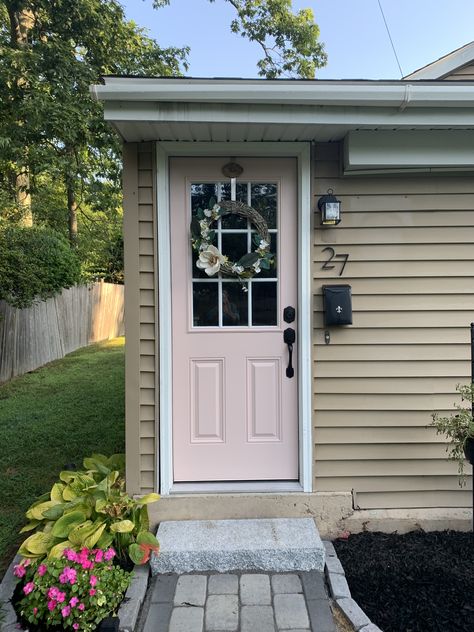 Sherman Williams Pink Shadow Front Door With Tan Siding, Pink Front Door Tan House, Sage Green Exterior House Pink Door, Pink Shadow Sherwin Williams, Pink Front Door Sherwin Williams, Best Light Pink Paint Color Sherwin Williams, Tan Houses, Pink Exterior Door, Tan Siding