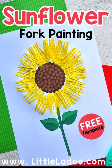 Fork-Painted Sunflower Craft {Free Template} Fork Flowers Craft, Sunflower Crafts For Preschoolers, Toddler Sunflower Craft, Sunflower Crafts For Kids Preschool, August Craft Ideas For Seniors, Sunflower Kids Craft, Sunflower Activities For Toddlers, Sunflower Crafts For Toddlers, Easy Sunflower Craft