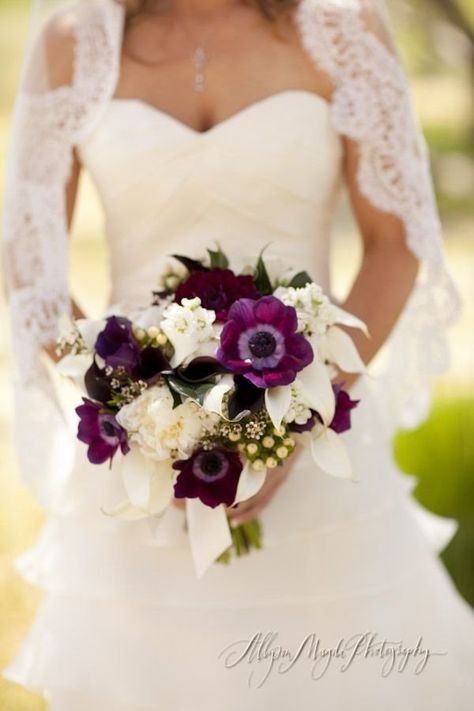 Purple Anemones Fall Bridal Bouquet, Anemone Bouquet, Bouquet Purple, Purple Bridal Bouquet, Plum Wedding, Bridal Bouquet Fall, Fall Wedding Bouquets, Deco Floral, White Bouquet