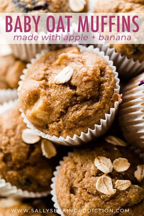 Baby and toddler mini muffins! Banana, applesauce, cinnamon, oats, and not much else. Freezer-friendly and easy to make. Baby LOVES these! Recipe on sallysbakingaddiction.com Mini Muffins Banana, Toddler Mini Muffins, Banana Applesauce Muffins, Apple Banana Muffins, Cinnamon Oats, Baking With Toddlers, Muffins Banana, Toddler Muffins, Baby Muffins