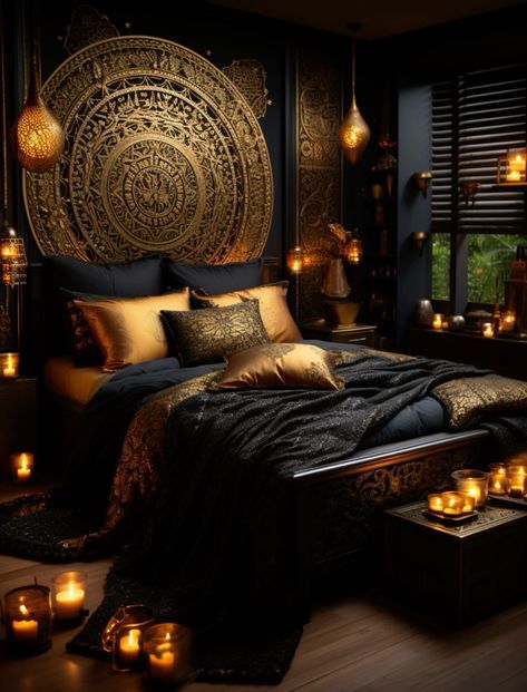 Bedroom Inspirations Master Romantic Dark, Gothic Bedroom Decor, Black And Gold Bedroom, Bronze Bedroom, Black Gold Bedroom, Dark Academia Bedroom, Academia Bedroom, Gothic Decor Bedroom, Decorative Styles