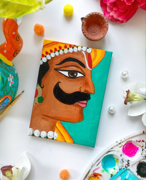 Mini Canvas Nature Painting, Rajasthani Art Design Easy, Rajasthani Canvas Painting, Mini Canvas Paintings Acrylics, Indian Canvas Painting, Canvas Painting Indian, Cute Mini Canvas Paintings, Indian Folk Art Painting, Mini Canvas Art Ideas