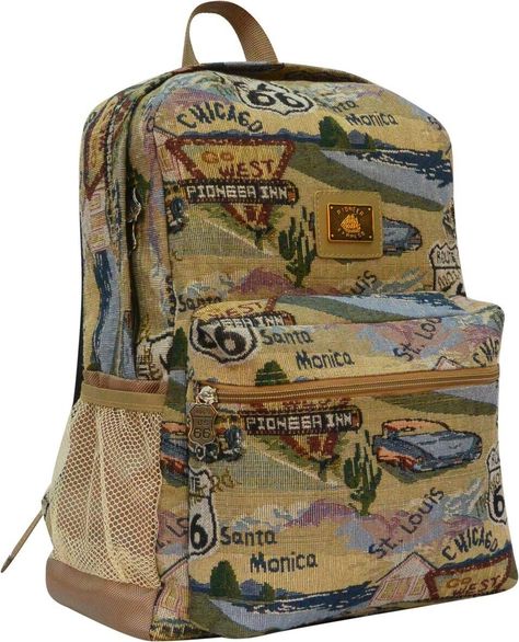 Route 66 Tapestry Backpack - T91516C#66 Large main compartment Front utility pocket with organizer keeps essentials handy 2/3 padded back for comfortable carrying of books and other objects Padded shoulder straps for comfortable carrying of heavy loads 17 X 12 X 9 With a classic look that never goes out of style, this backpack is perfect for day to day casual travel. The Route 66 Classic Backpack is made from durable tapestry fabric and features a large shape with a spacious main compartment that offers ample storage for your items. As Great American Luggages's #1 best-selling bag, this backpack includes a front utility pocket to hold personal items and on the road supplies, a web haul handle for easy lifting, a partially padded back panel, and padded shoulder straps that make it comfortab Tapestry Backpack, Backpack With Pins, Hippie Backpack, Tapestry Fabric, Cute Backpacks, Vintage Fits, Cool Graphic Tees, Boyfriend T Shirt, Classic Backpack