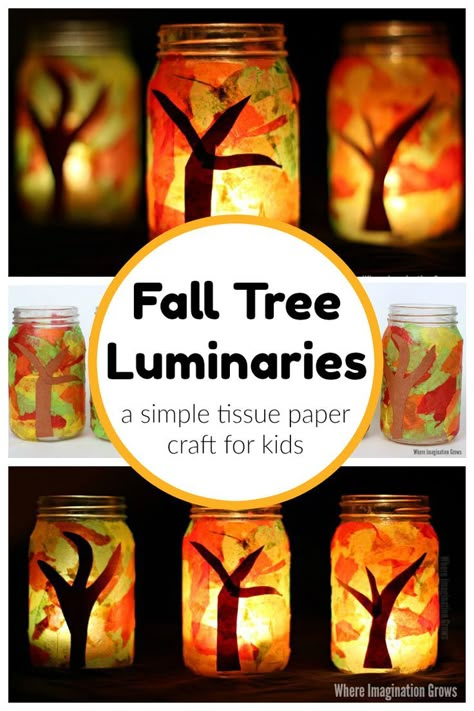 Mason jar fall tree luminaries craft for kids (and adults)! An easy tissue paper craft that toddlers and preschoolers will love! Such a simple fall craft that will be a treasured family keepsake for your autumn or Thanksgiving table! #fallcrafts #fallcraft #masonjarcraft #kidscrafts #masonjar Mason Jar Tissue Paper Lantern, 80s Crafts, Mason Jar Luminaries, Tissue Paper Craft, November Crafts, Tissue Paper Crafts, Fun Fall Crafts, Fall Arts And Crafts, Easy Fall Crafts