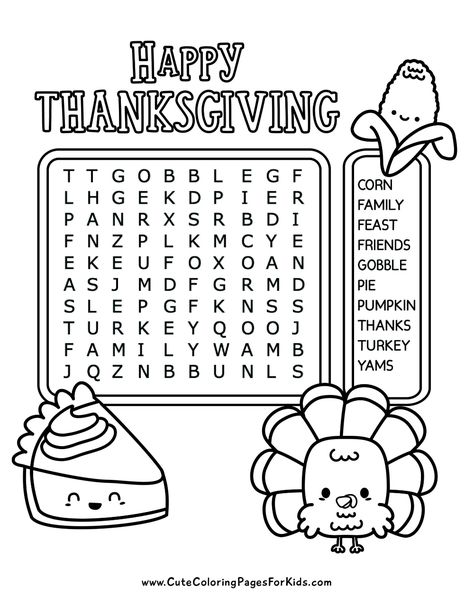 Thanksgiving Word Search - Cute Coloring Pages For Kids Thanksgiving Activity Printables Free, Kindergarten Word Search Free Printable, Friendsgiving Coloring Pages, Kids Activities For Thanksgiving, November Homeschool Activities, Thanksgiving Ideas For Teachers, Thanksgiving Worksheets 4th Grade, Fall Activity Sheets For Kids, 2nd Grade Word Search Free Printable