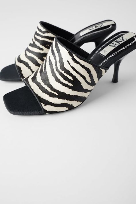 Zara Animal-Print Heels | Kim Kardashian Looks Amazing in These Sexy Zebra Heels | POPSUGAR Fashion Photo 6 Zebra Heels, Leather Heels Sandals, Fall Shoes, Zara United States, Printed Leather, Womens Heels, Leather Heels, Women's Shoes Sandals, Heeled Mules