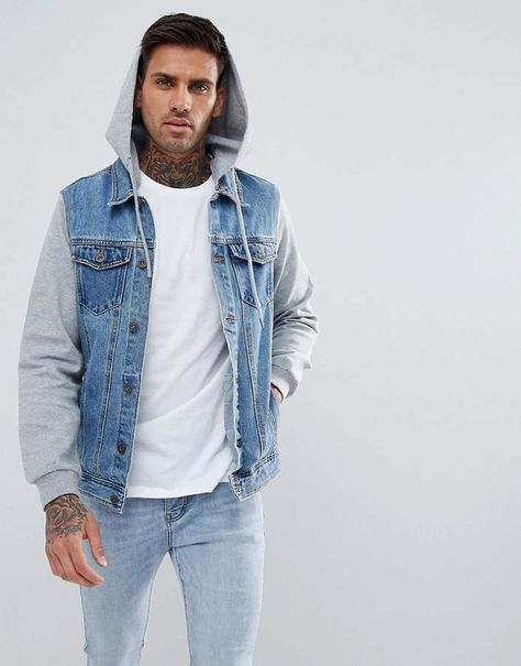 Pull&Bear Denim Jacket With Jersey Sleeves And Hood In Blue Blue Denim Jacket Outfit, Outfit Hombres, Hood Jeans, Jean Jacket Outfits Men, Hoodie Design Ideas, Mens Jackets Fall, Jean Jacket Hoodie, Hoodie Outfit Men, Denim Jacket With Hoodie