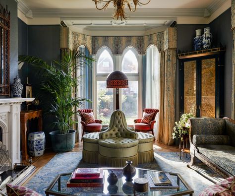 What is Gothic interior design? Designers weigh in | Maddux Creative, Gothic Interior Design, Gothic Revival House, Peacock Room, Windsor House, Hanging Seats, Gothic Interior, Octagon Table, Riverside House