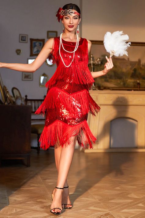 Gatsby Party Outfit Women, Red Flapper Dress, Estilo Charleston, Gatsby Outfit, Flapper Outfit, Jazz Outfits, 20s Fashion Dresses, Roaring 20s Fashion, Great Gatsby Dresses