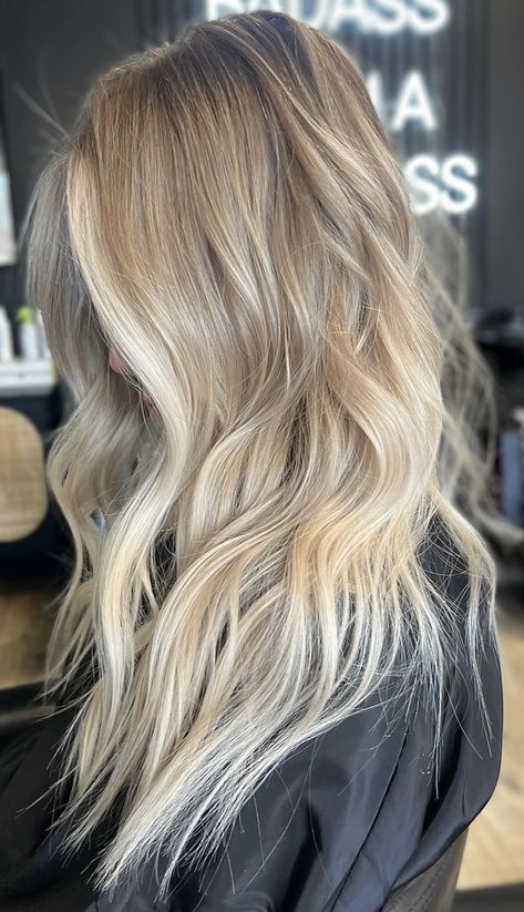 Blonde Rooty Balayage, Root Smudge Vs Root Melt Vs Shadow Root, Neutral Blonde With Shadow Root, Cool Toned Lived In Blonde, Long Piecey Layers, Root Tap Blonde Balayage, Almost Platinum Blonde Hair, Lived In Creamy Blonde, Neutral Tone Blonde