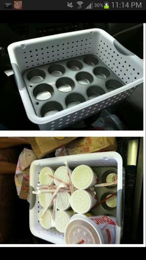 DIY multiple cup holders. This will be good for the drive in. Quotes Car, Car Organizer, Ideas Hogar, Team Mom, Family Road Trips, Car Hacks, Road Trip Hacks, Simple Life Hacks, Cars Organization