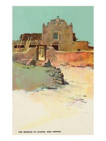 size: 16x12in Art Print: Mission at Laguna Pueblo, New Mexico Poster : New Mexico Art, Mexico Poster, New Mexico Homes, Mexico Style, Southwestern Art, Mexico Art, Art Print Display, Southwest Art, Tropical Art