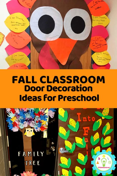 Fall Decorating Door Ideas School, Charlie Brown Fall Classroom Door, Thanksgiving Billboard Ideas For School, Fall Into Learning Classroom Door, Fall School Door Ideas, Gratitude Door Decorations Classroom, Thanksgiving Classroom Door Decor, Holloween Decore Idea For Classroom, Thanksgiving Door Decorations Preschool