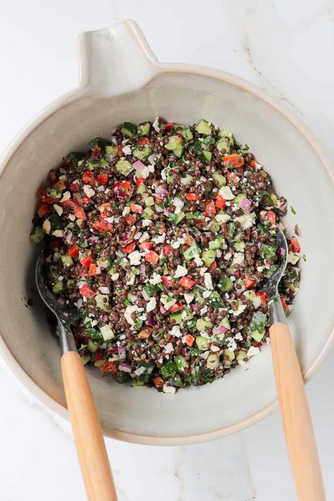 Mediterranean Black Lentil Salad – Goodness Avenue Black Lentil Salad, Feta Cucumber, Healthy Recipes For Lunch, Hearty Salad Recipes, Hummus Salad, Lentil Salad Recipes, French Green Lentils, Homemade Dressings, Black Lentils