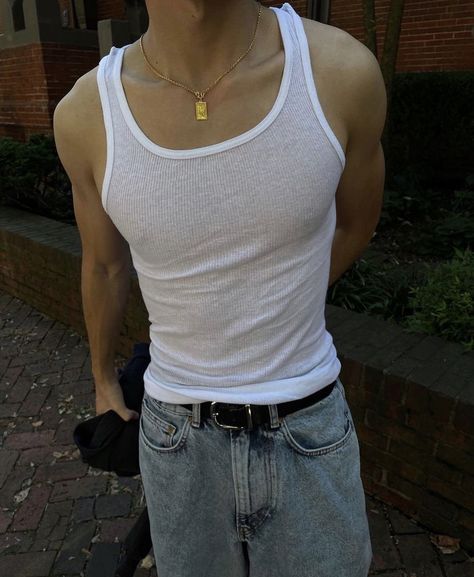 White Tank Top Outfit Summer, Chicano Aesthetic, White Tank Top Outfit, Tank Top Outfit, Jeans Outfit Men, Boys Tank Tops, Tank Top Outfits, Top Outfit, Cool Outfits For Men