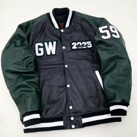 Premium quality all-leather jacket in black and forest green cowhide leather. Designed for #classof2025 student. Design your own custom letterman jacket online https://clothoo.com #lettermanjacket #varsityjackets #clothoo Lettermen Jacket Outfit, Lettermen Jacket, Letterman Jacket Outfit, Custom Letterman Jacket, Custom Varsity Jackets, Student Design, Jacket Designs, Letterman Jacket, Jacket Outfit