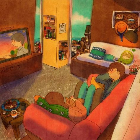 Puuung Love Is, Couple Illustration, 수채화 그림, Love Illustration, Love Is, Korean Artist, Couple Drawings, Couple Art, Watching Tv