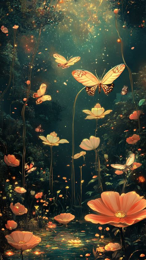 A whimsical forest of giant floating flowers and shimmering translucent butterflies, bathed in a golden twilight glow, where time melts like wax. Glowing Butterflies, Whimsical Forest, Floating Flowers, Pretty Phone Wallpaper, Aesthetic Board, Wedding Pins, Surreal Art, Pigeon, Surrealism