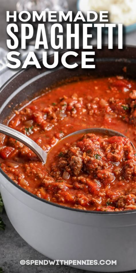 Every home cook needs a good homemade spaghetti sauce recipe, and this is the one! Two types of meat including ground beef and sausage combined with the best Italian seasonings, plus carrots for that extra added sweetness without the sugar. Everyone loves this easy pasta sauce recipe. It's great on chicken parmesan! #spaghettisaucerecipe #homemadespaghettisauce #spendwithpennies #meatsaucerecipe Spaghetti Sauce Homemade, Easy Spaghetti Sauce, Making Spaghetti Sauce, Pasta Sauce Recipes Easy, Best Homemade Spaghetti Sauce, Italian Spaghetti Sauce, Homemade Spaghetti Sauce Easy, Dinner Spaghetti, Best Spaghetti Sauce