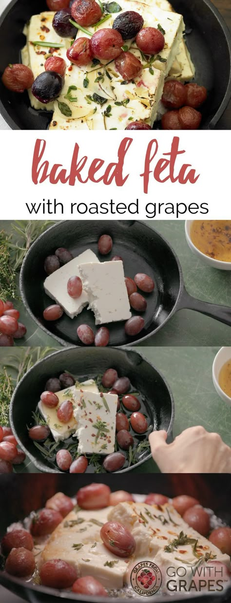 Sophisticated, yet easy to prepare, this no-fuss appetizer featuring Grapes from California and feta cheese will impress guests.  Go with grapes Baked Feta Cheese, California Recipes, Entertaining Snacks, Roasted Grapes, Food Art Ideas, Grape Recipes, Baked Feta, Recipes Appetizers And Snacks, Recipes Appetizers